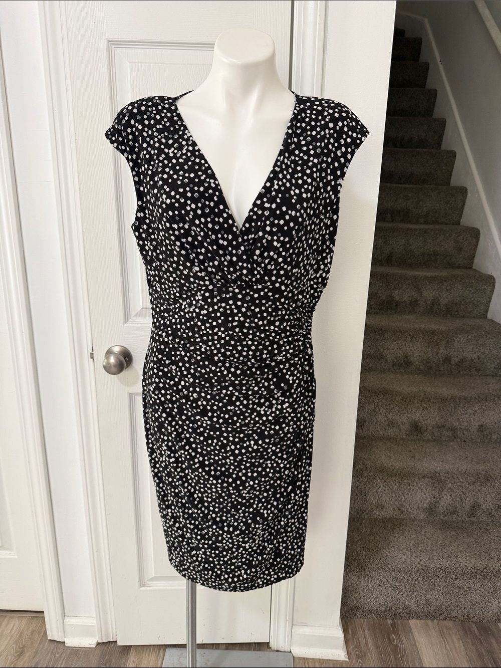 Lauren Ralph Lauren Black and White Polka Dot V-Neck Midi Dress Size 14